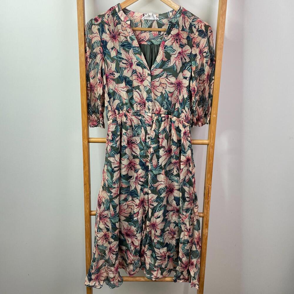 Ba&sh Maxi Dress Dress Womens 1 Green Cream Floral Button Front Long Sleeve Boho